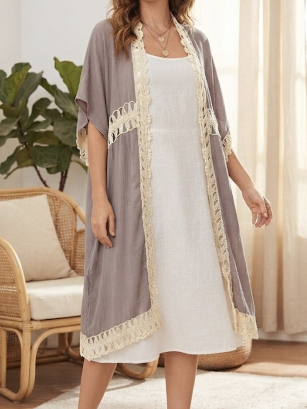 Rebellion Again crochet trim gray open front kimono / duster woman's size large